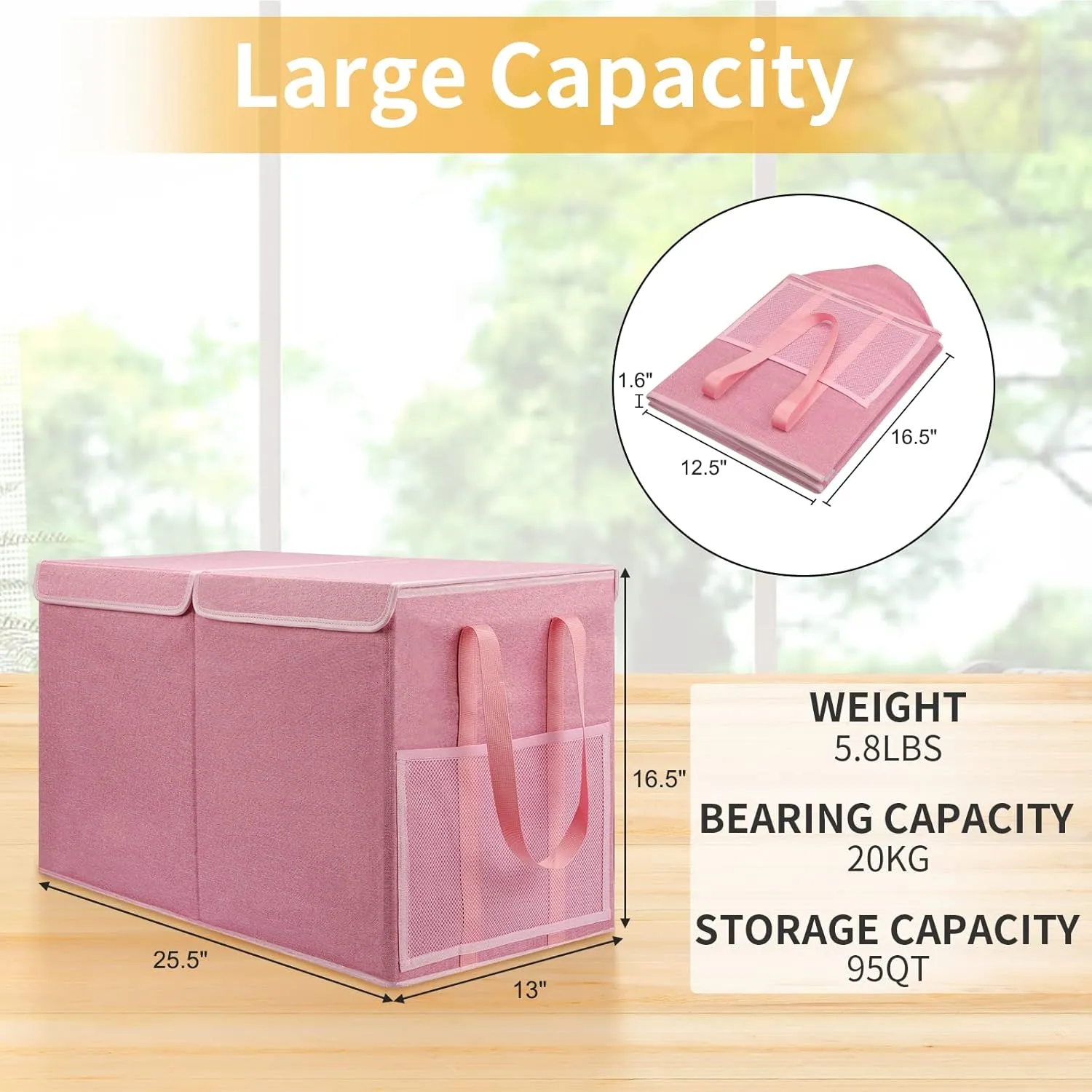 Large Toy Storage Box with Mesh Pockets, Collapsible Toy Organizer with Lids for Kids, Boys, Girls, Ideal Chest for Nursery/Playroom/Bedroom/Living Room, 25.5"x13"x16.5"(Pink)