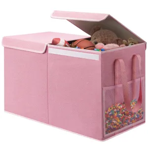 Large Toy Storage Box with Mesh Pockets, Collapsible Toy Organizer with Lids for Kids, Boys, Girls, Ideal Chest for Nursery/Playroom/Bedroom/Living Room, 25.5"x13"x16.5"(Pink)