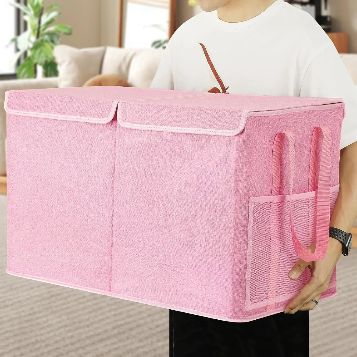 Large Toy Storage Box with Mesh Pockets, Collapsible Toy Organizer with Lids for Kids, Boys, Girls, Ideal Chest for Nursery/Playroom/Bedroom/Living Room, 25.5"x13"x16.5"(Pink)