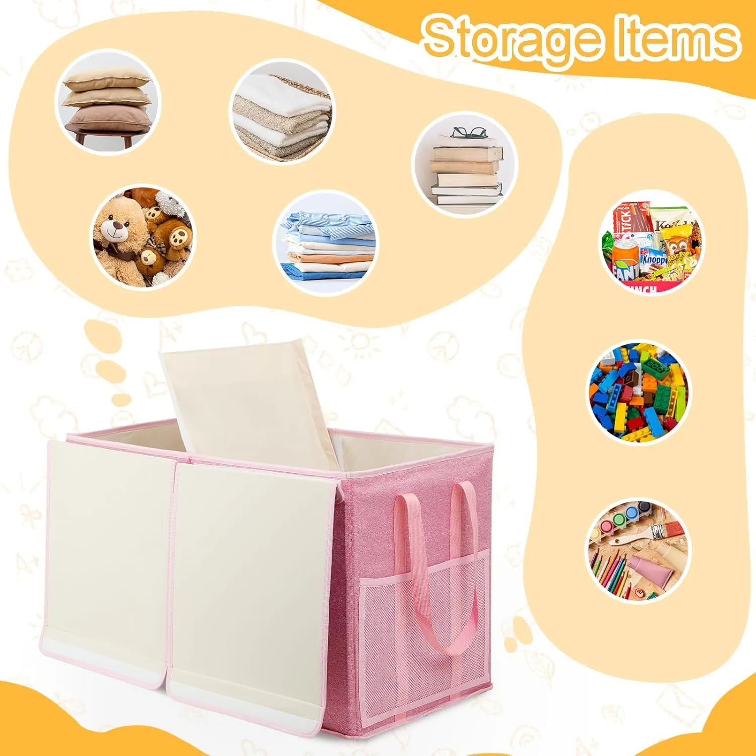 Large Toy Storage Box with Mesh Pockets, Collapsible Toy Organizer with Lids for Kids, Boys, Girls, Ideal Chest for Nursery/Playroom/Bedroom/Living Room, 25.5"x13"x16.5"(Pink)