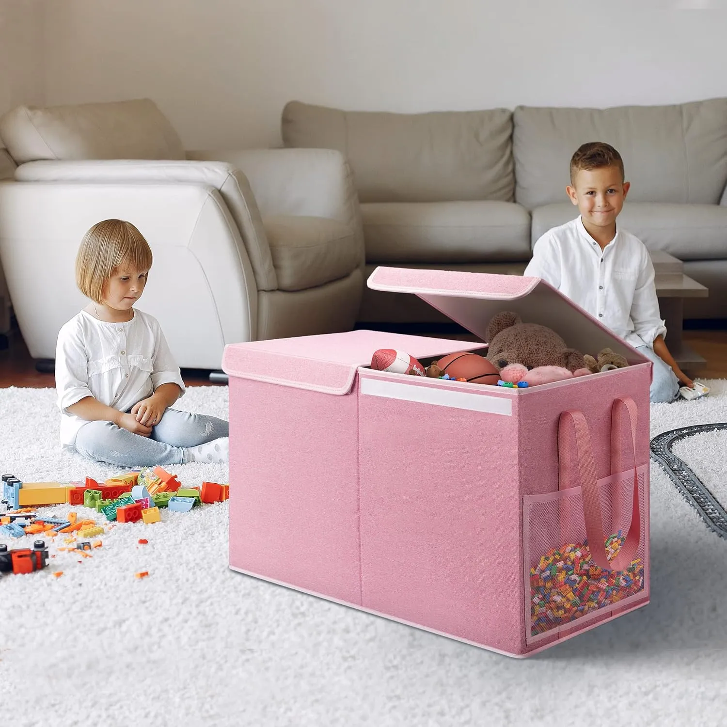Large Toy Storage Box with Mesh Pockets, Collapsible Toy Organizer with Lids for Kids, Boys, Girls, Ideal Chest for Nursery/Playroom/Bedroom/Living Room, 25.5"x13"x16.5"(Pink)