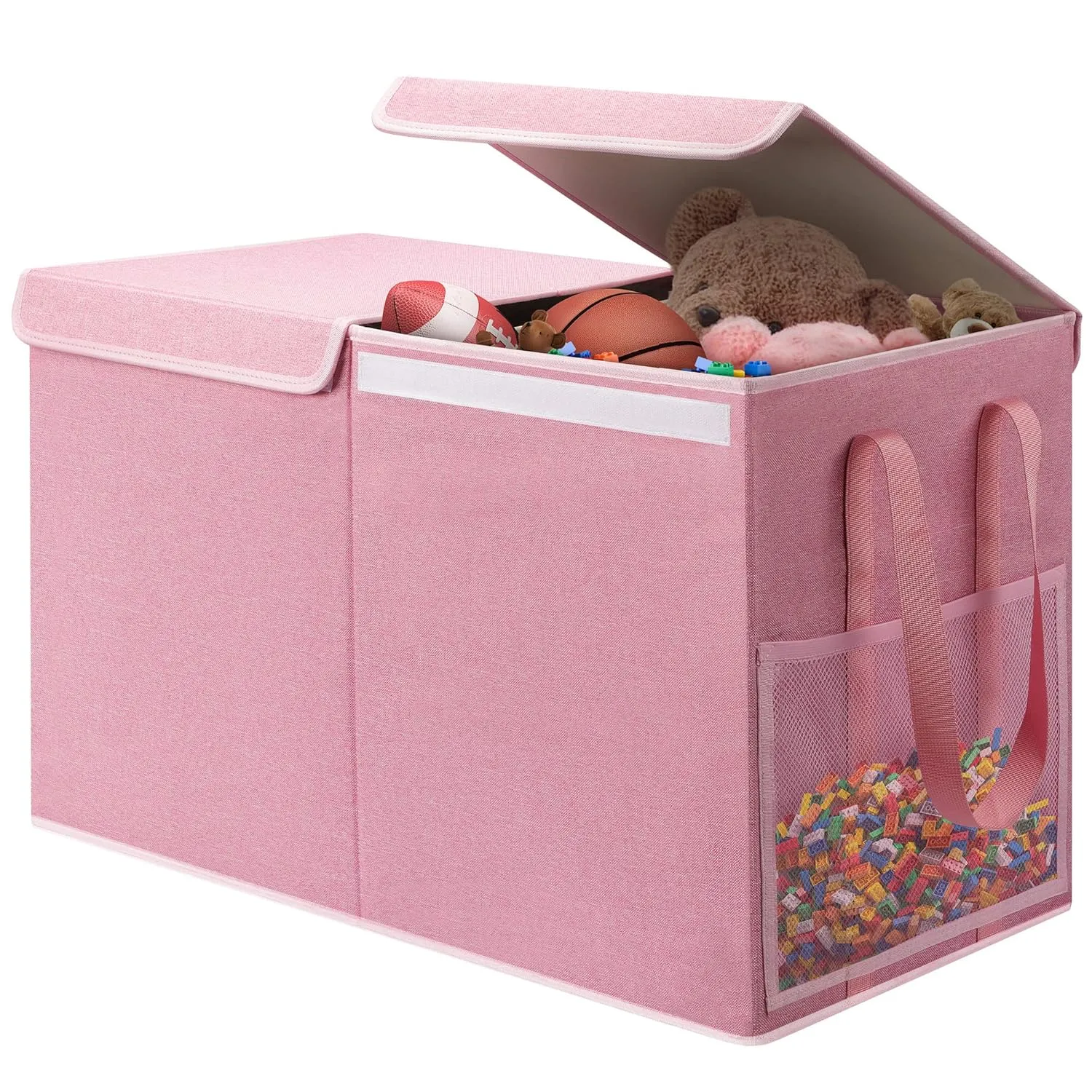 Large Toy Storage Box with Mesh Pockets, Collapsible Toy Organizer with Lids for Kids, Boys, Girls, Ideal Chest for Nursery/Playroom/Bedroom/Living Room, 25.5"x13"x16.5"(Pink)