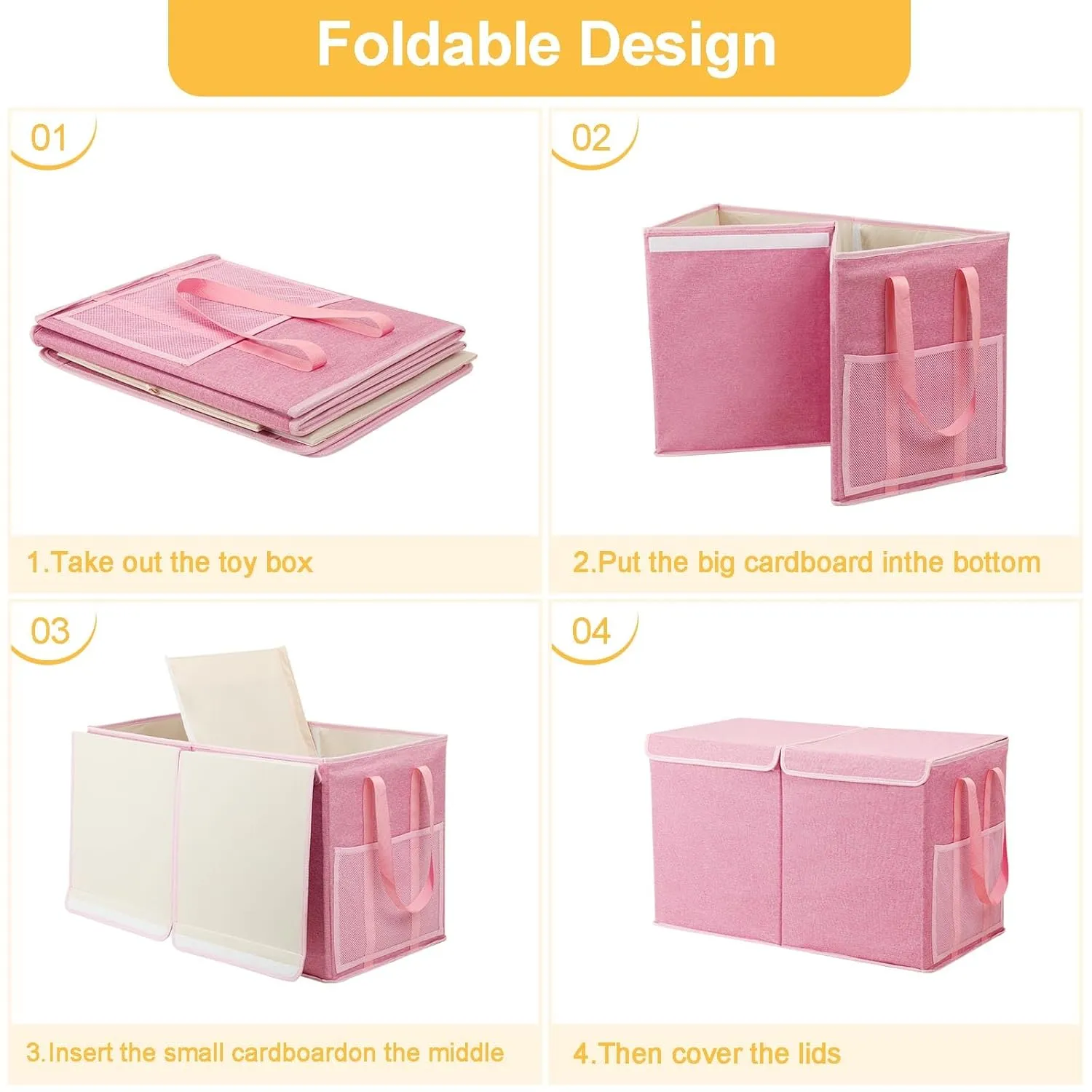 Large Toy Storage Box with Mesh Pockets, Collapsible Toy Organizer with Lids for Kids, Boys, Girls, Ideal Chest for Nursery/Playroom/Bedroom/Living Room, 25.5"x13"x16.5"(Pink)