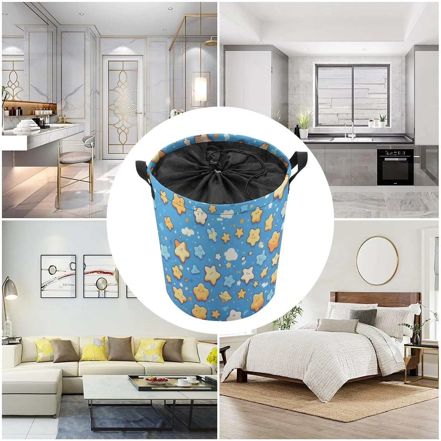 Laundry Hampers, Large Drawstring Laundry Bag, Removable Laundry Bags, Collapsible Storage Bin with Handles for Home Organization, Kids Room, Nursery Circle