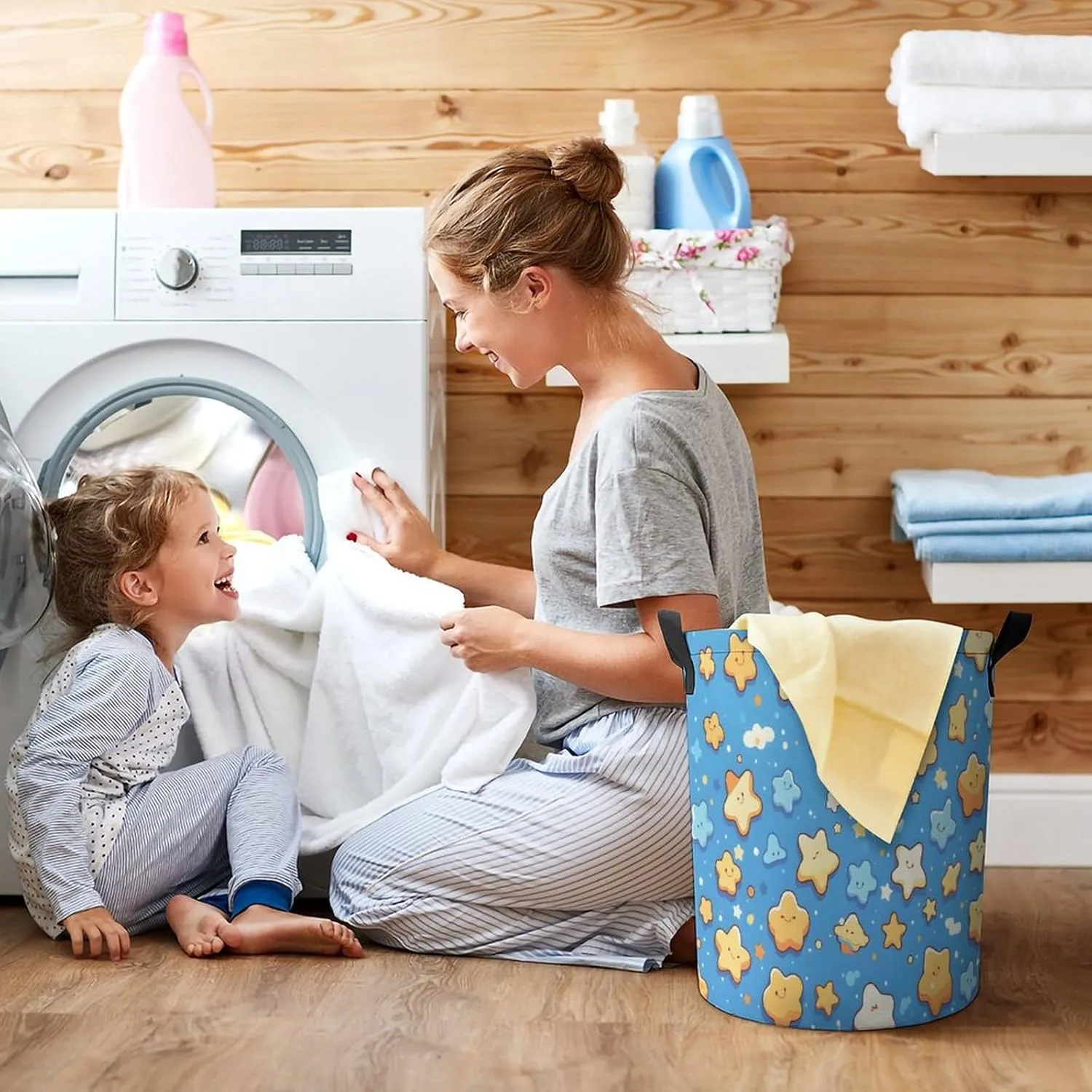 Laundry Hampers, Large Drawstring Laundry Bag, Removable Laundry Bags, Collapsible Storage Bin with Handles for Home Organization, Kids Room, Nursery Circle