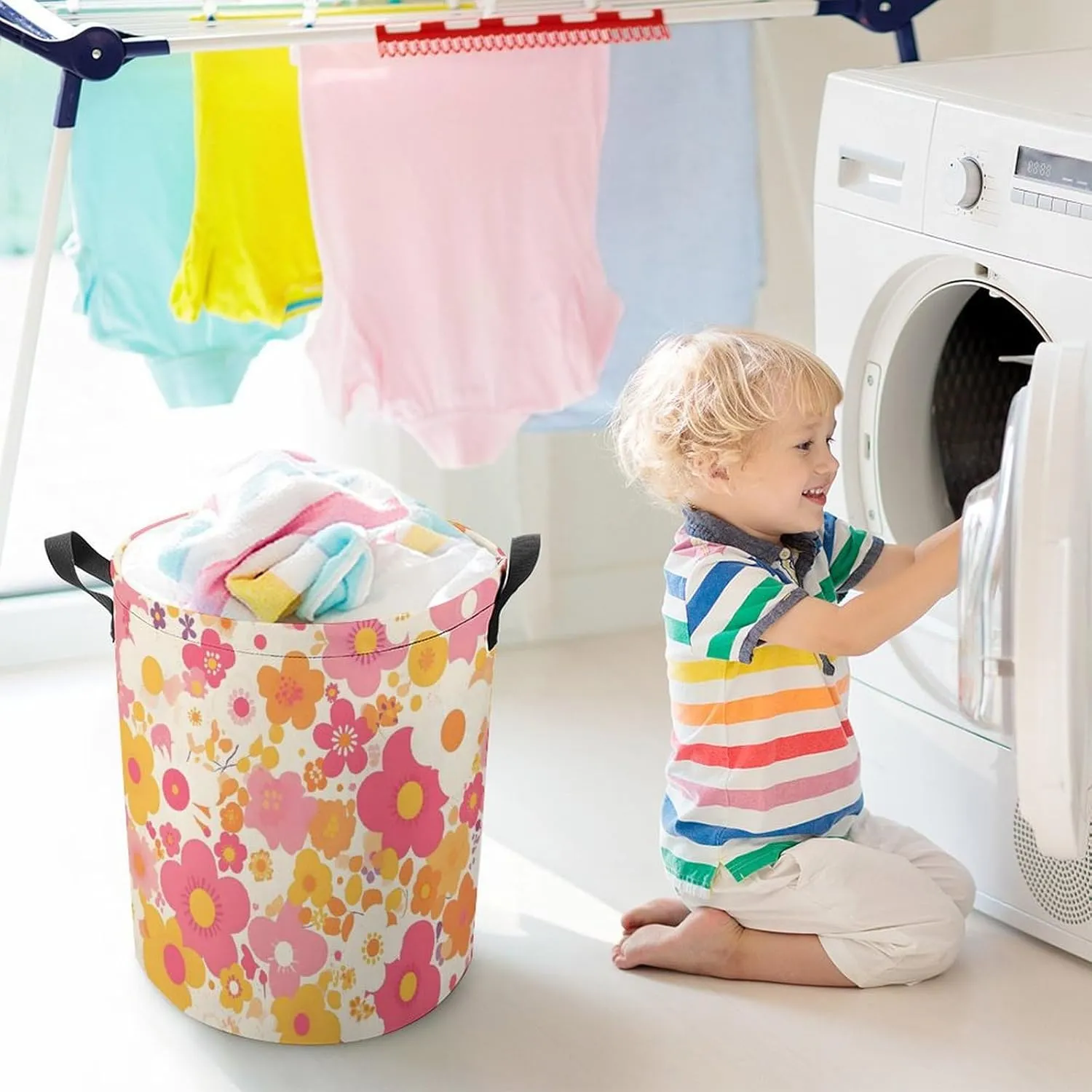 Laundry Hampers, Large Drawstring Laundry Bag, Removable Laundry Bags, Collapsible Storage Bin with Handles for Home Organization, Kids Room, Nursery Font