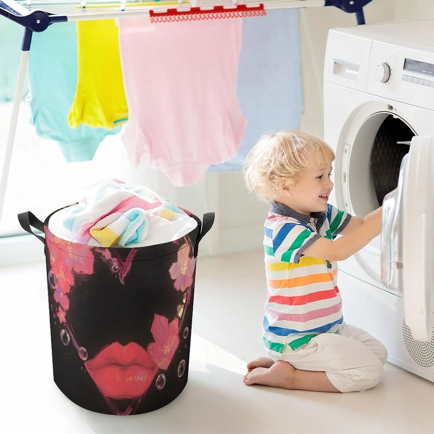 Laundry Hampers, Large Drawstring Laundry Bag, Removable Laundry Bags, Collapsible Storage Bin with Handles for Home Organization, Kids Room, Nursery Font