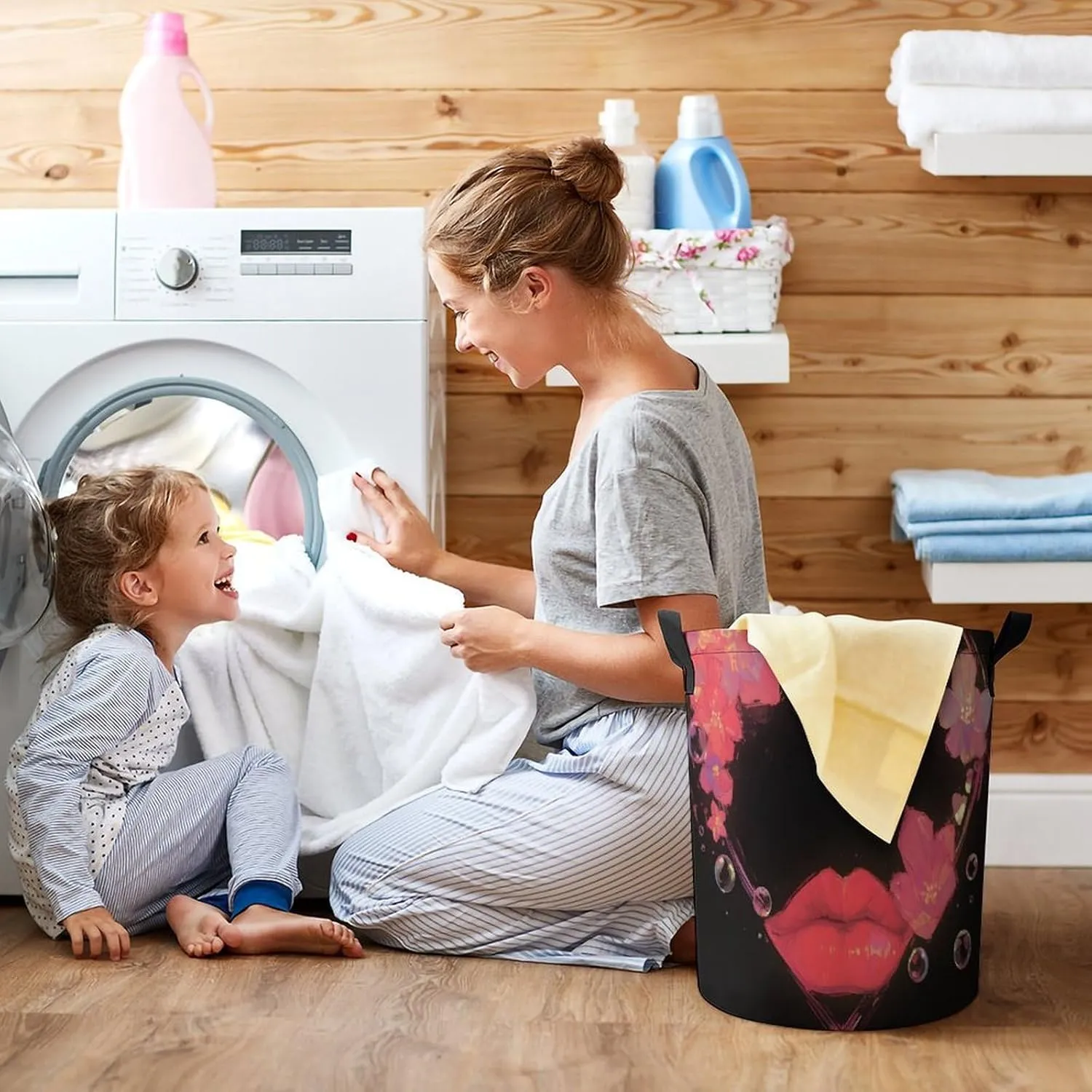 Laundry Hampers, Large Drawstring Laundry Bag, Removable Laundry Bags, Collapsible Storage Bin with Handles for Home Organization, Kids Room, Nursery Font