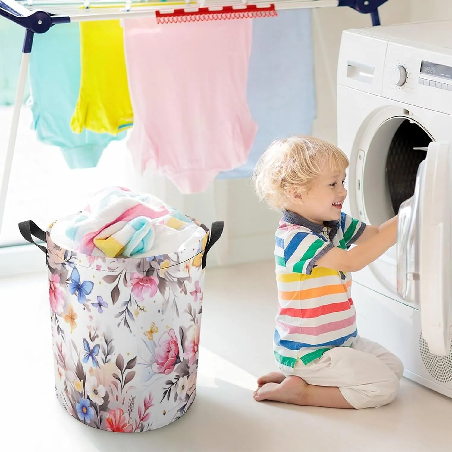 Laundry Hampers, Large Drawstring Laundry Bag, Removable Laundry Bags, Collapsible Storage Bin with Handles for Home Organization, Kids Room, Nursery Leaf
