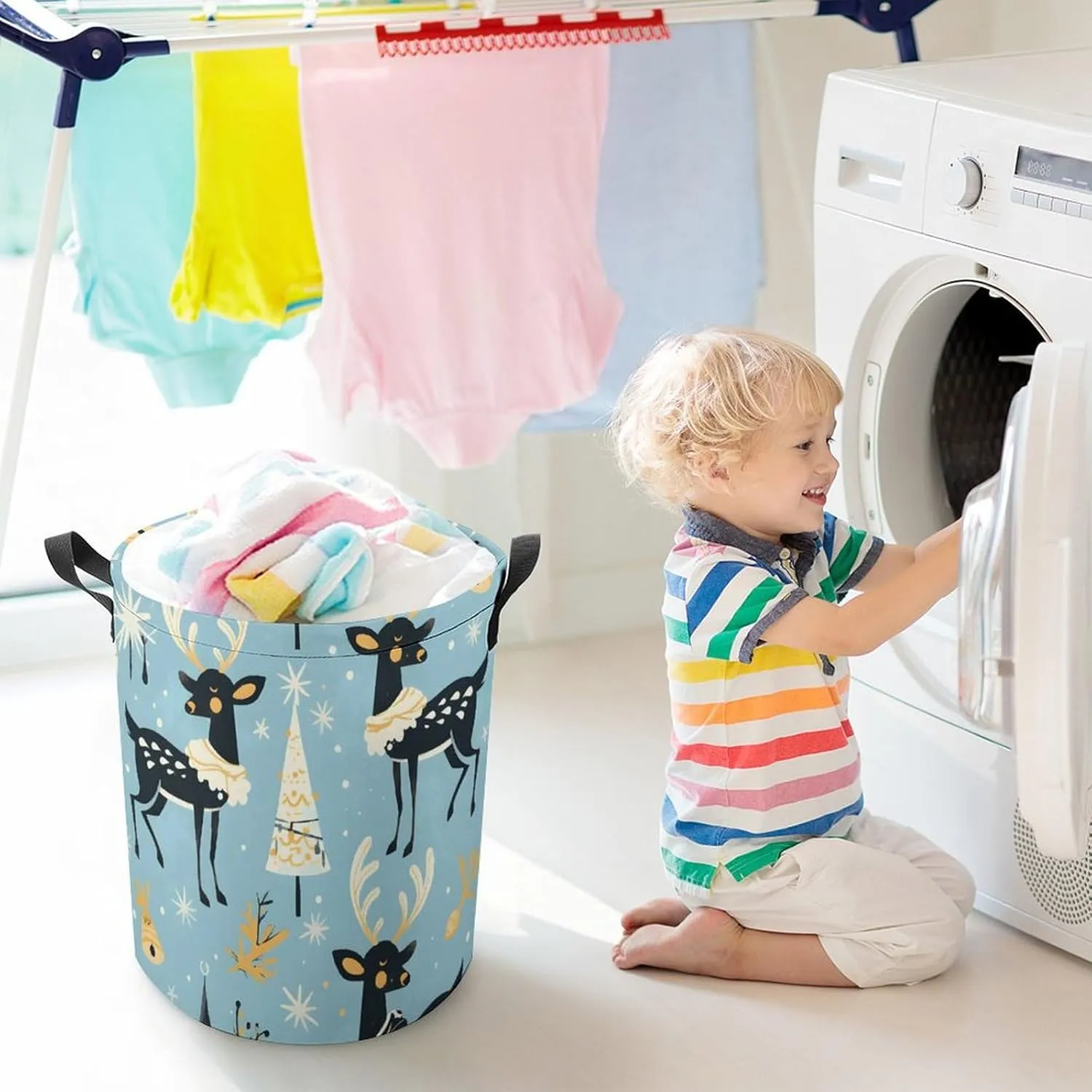 Laundry Hampers, Large Drawstring Laundry Bag, Removable Laundry Bags, Collapsible Storage Bin with Handles for Home Organization, Kids Room, Nursery Vertebrate