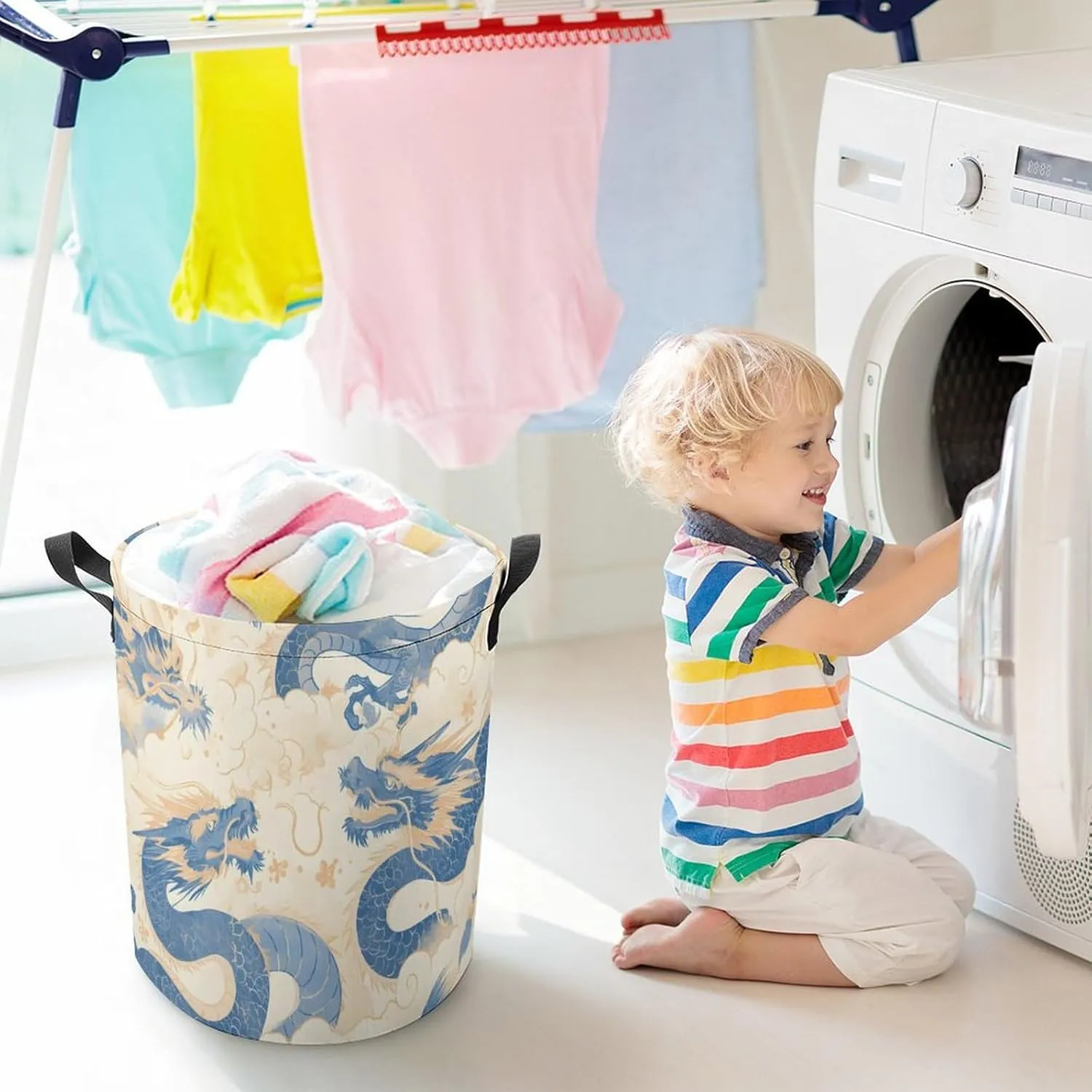 Laundry Hampers, Large Drawstring Laundry Bag, Removable Laundry Bags, Collapsible Storage Bin with Handles for Home Organization, Kids Room, Nursery Vertebrate