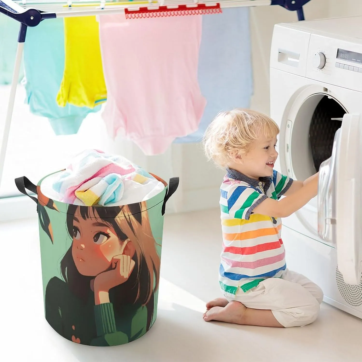 Laundry Hampers, Large Drawstring Laundry Bag, Removable Laundry Bags, Collapsible Storage Bin with Handles for Home Organization, Kids Room, Nursery Vertebrate