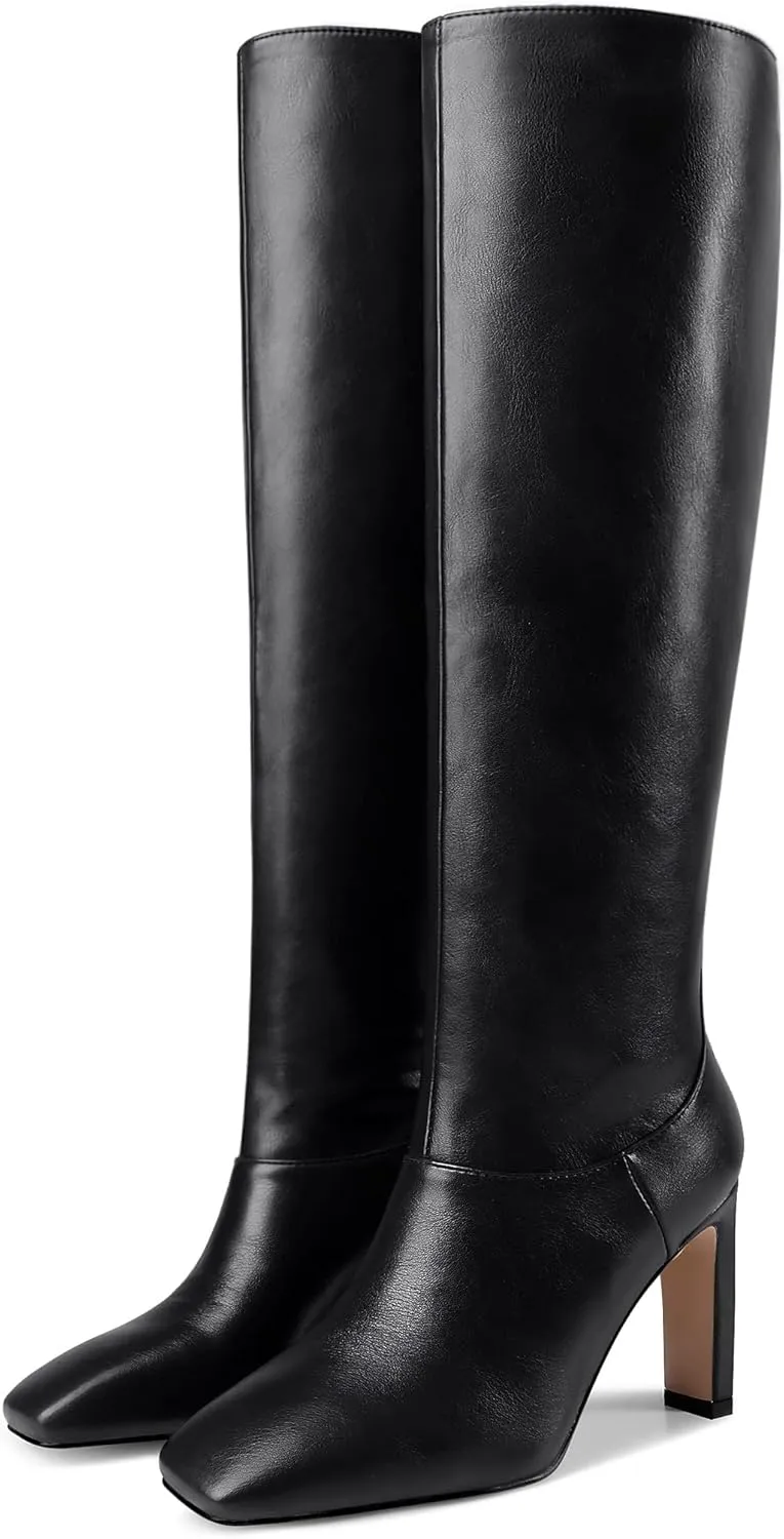 LEMUTISME Women's Trendy Closed Square Toe Matte Leather Two-tone Wide Calf Chunky High Heel Dress Slip On Knee High Boots