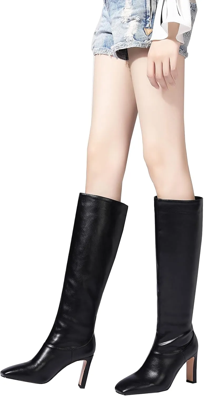 LEMUTISME Women's Trendy Closed Square Toe Matte Leather Two-tone Wide Calf Chunky High Heel Dress Slip On Knee High Boots