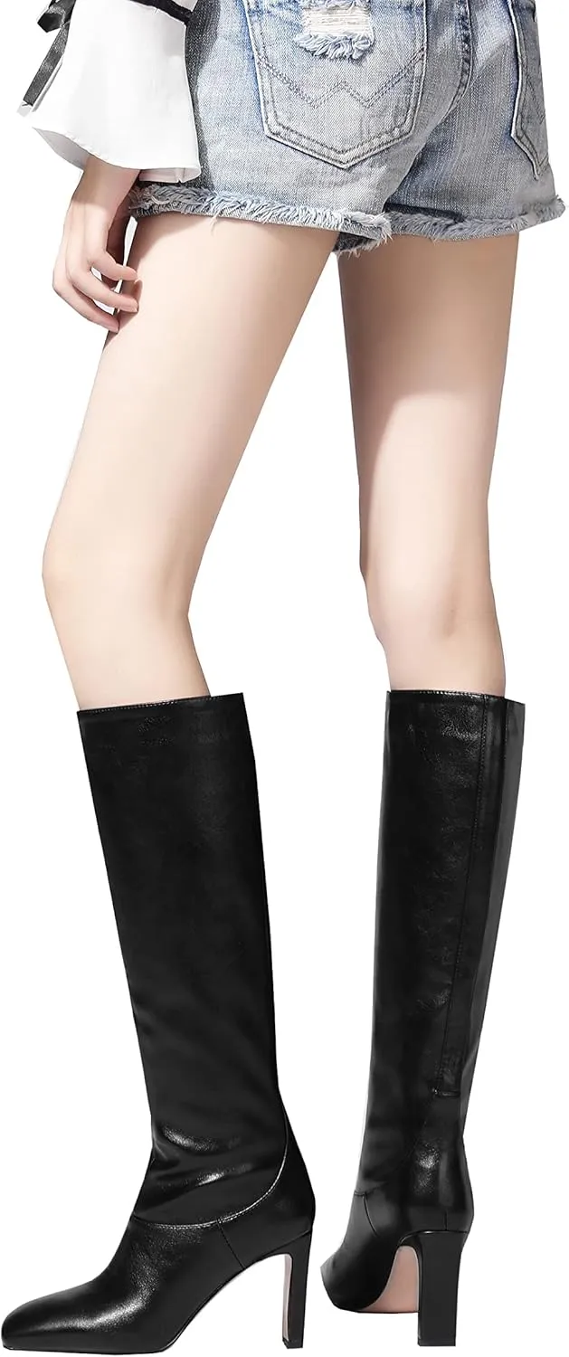 LEMUTISME Women's Trendy Closed Square Toe Matte Leather Two-tone Wide Calf Chunky High Heel Dress Slip On Knee High Boots