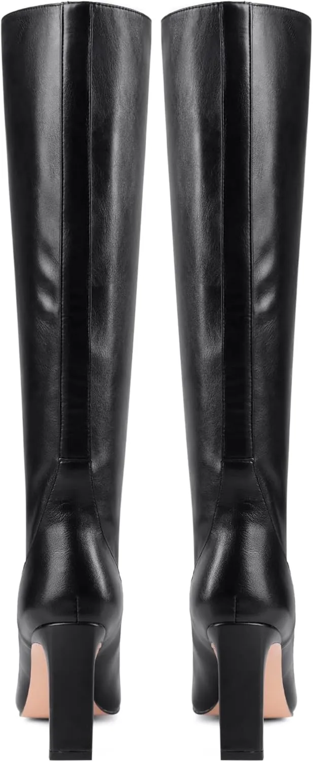 LEMUTISME Women's Trendy Closed Square Toe Matte Leather Two-tone Wide Calf Chunky High Heel Dress Slip On Knee High Boots