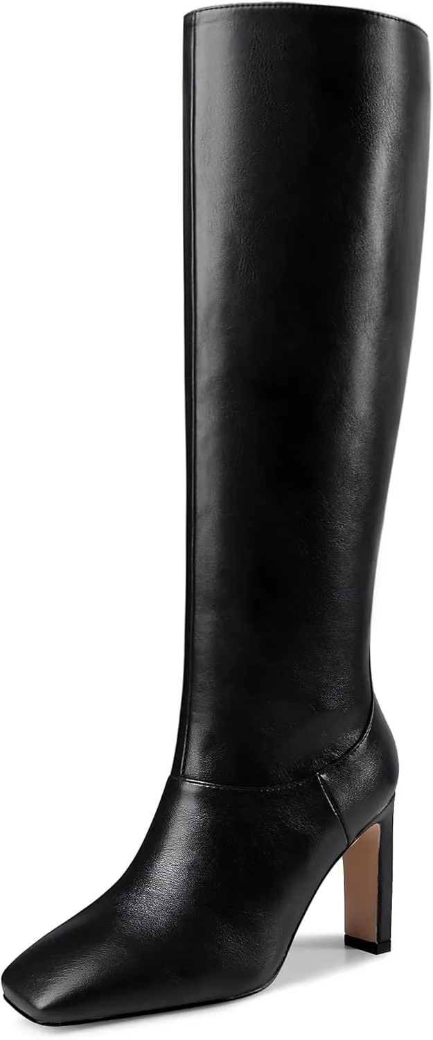 LEMUTISME Women's Trendy Closed Square Toe Matte Leather Two-tone Wide Calf Chunky High Heel Dress Slip On Knee High Boots