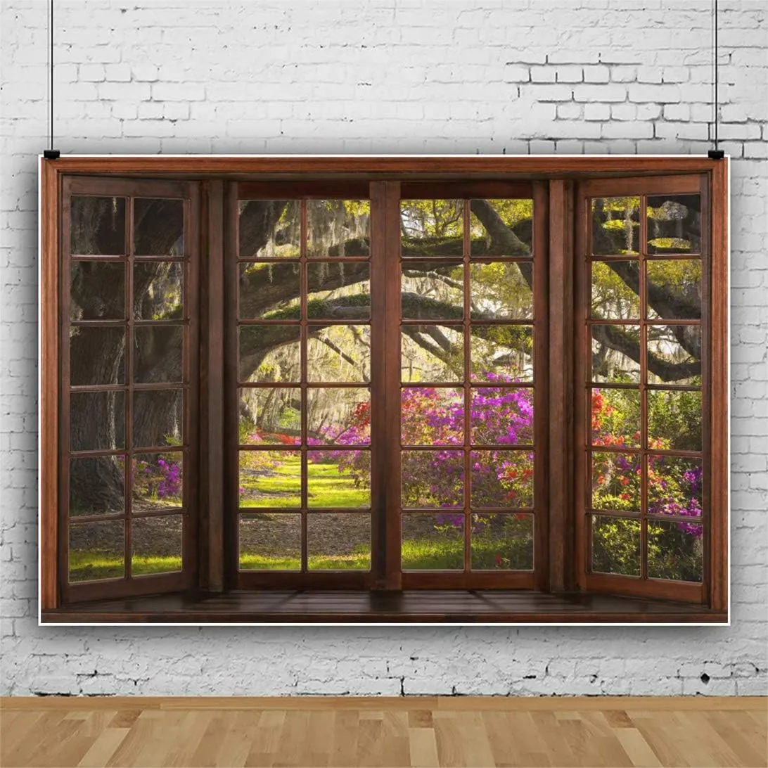Leyiyi 10x8ft Magic Jungle Forest Backdrop Wood Windows Outdoor View Fantasy Forest Background for Photography Roadside Floral Flowers Old Trunk Jungle Adventure Theme Kids Birthday Party Decor
