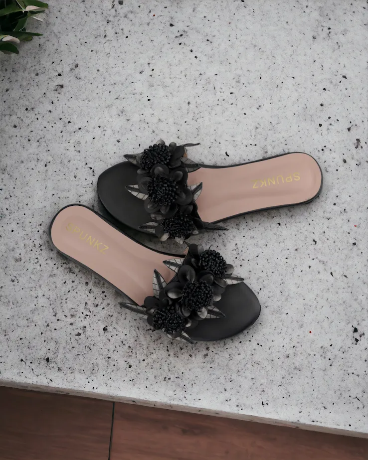 Lilico floral embellishments black sleek slide sandals-11060