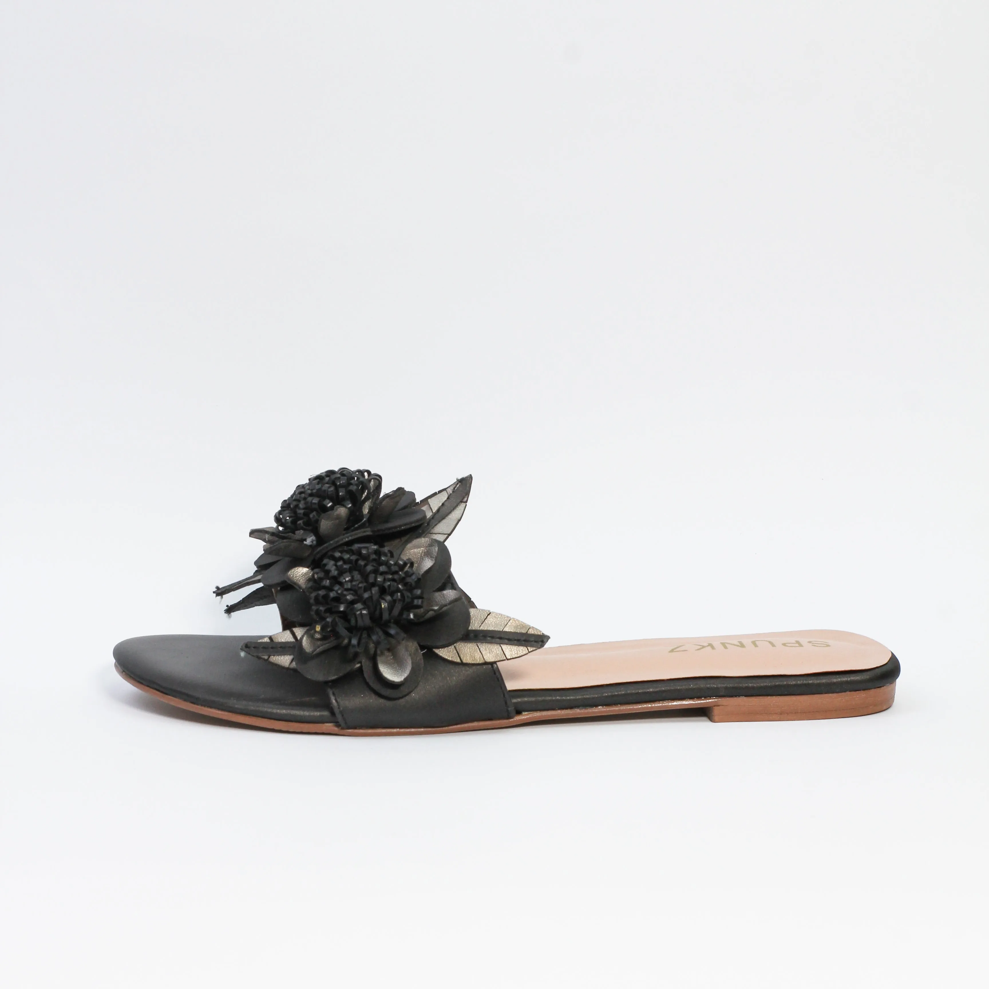 Lilico floral embellishments black sleek slide sandals-11060