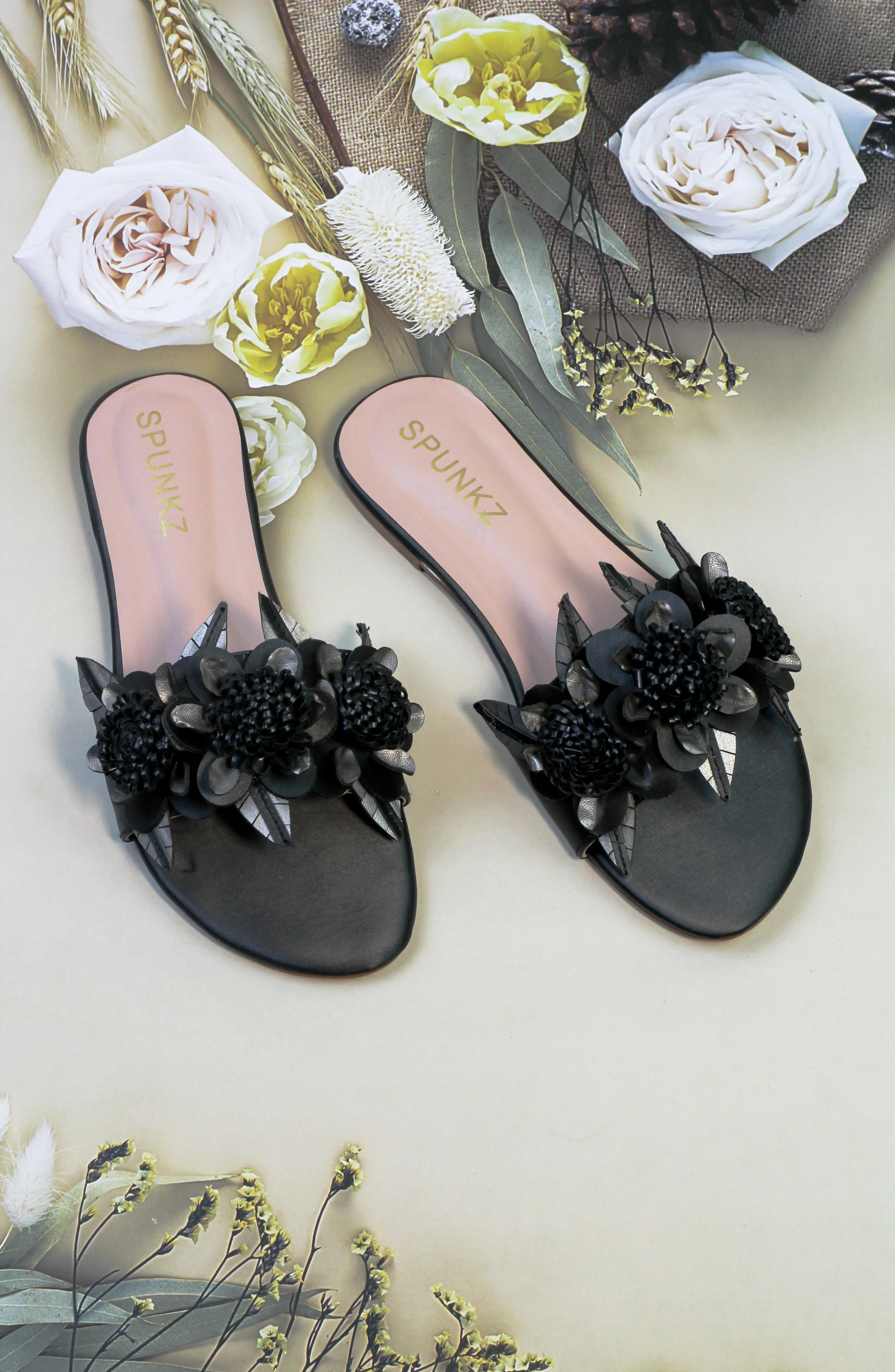 Lilico floral embellishments black sleek slide sandals-11060