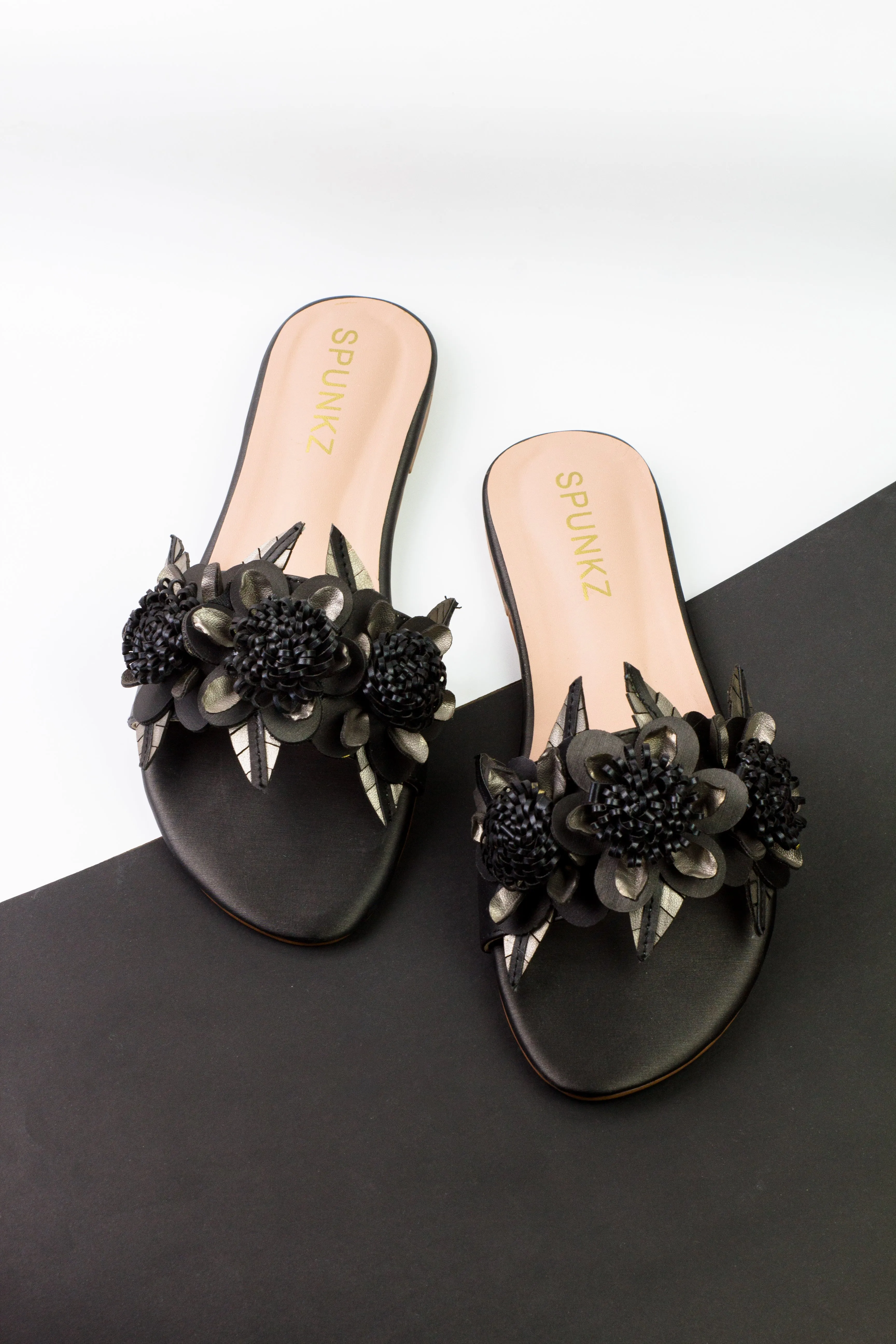Lilico floral embellishments black sleek slide sandals-11060