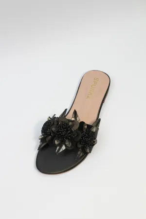 Lilico floral embellishments black sleek slide sandals-11060