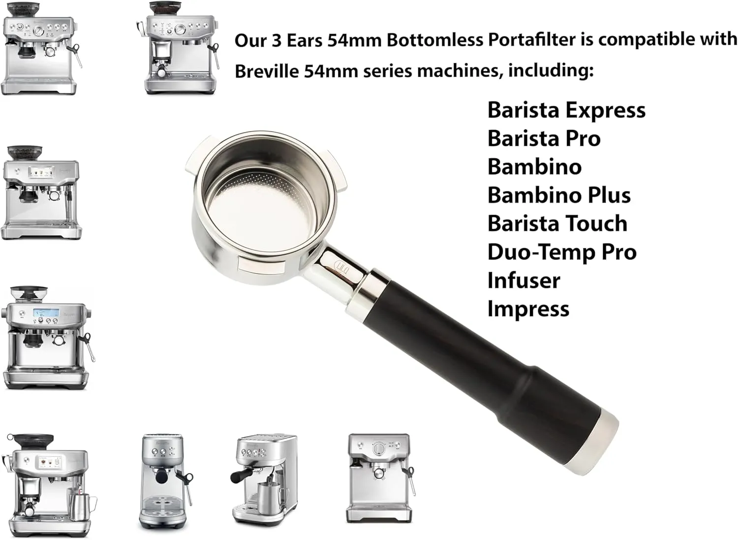 LILQ 54mm Bottomless Naked 3 Ears Portafilter | Compatible with Breville Machines | Stable Handle (Aluminum Flat, 54mm Breville)