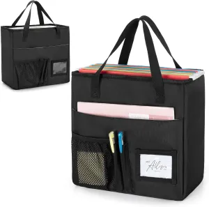 LoDrid Foldable File Tote Bag with Handles, Portable File Organizer Box with 3 Built-in Boards for Letter Size Files, Document Storage Case for Office, Home, Travel, Black, Bag Only