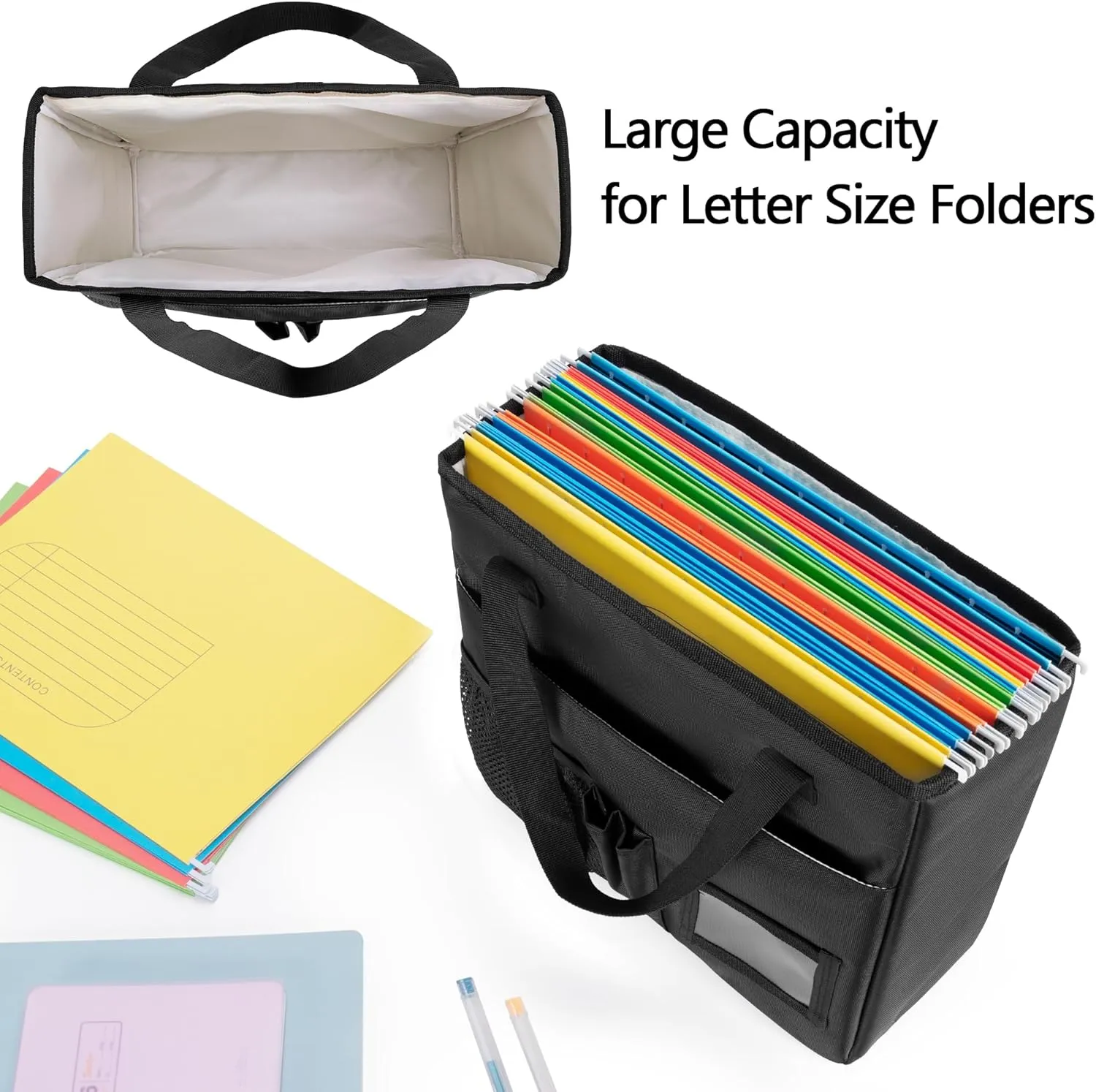 LoDrid Foldable File Tote Bag with Handles, Portable File Organizer Box with 3 Built-in Boards for Letter Size Files, Document Storage Case for Office, Home, Travel, Black, Bag Only