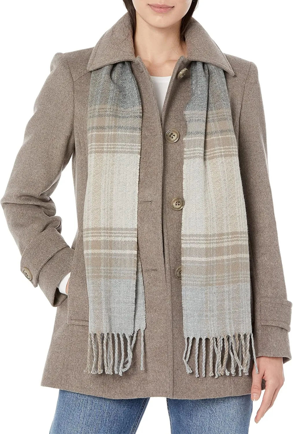 LONDON FOG Women's Single-Breasted Wool Blend Coat with Scarf