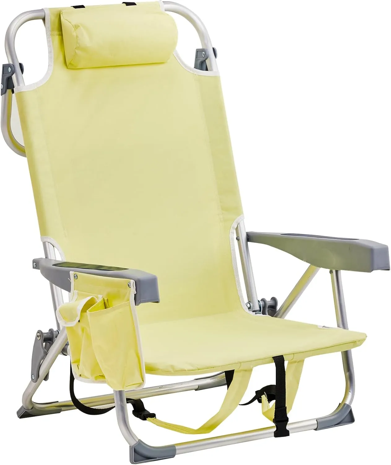 Low Beach Chairs for Adults, 5-Position Reclining Backpack Beach Chair with Cooler & Storage Pouch, Portable Lightweight Folding Beach Chair with Aluminum Frame & Cup Holder, Supports 220lbs, Yellow
