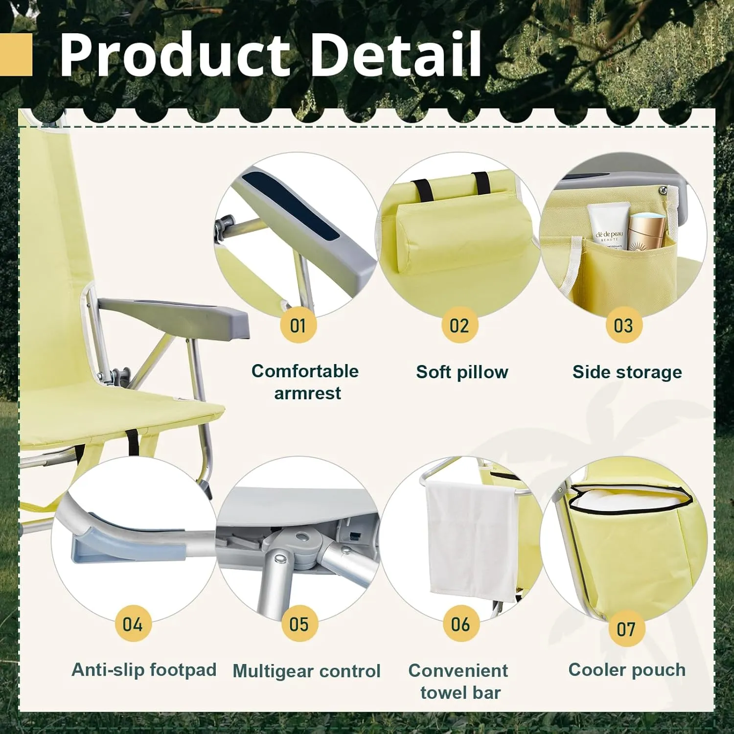 Low Beach Chairs for Adults, 5-Position Reclining Backpack Beach Chair with Cooler & Storage Pouch, Portable Lightweight Folding Beach Chair with Aluminum Frame & Cup Holder, Supports 220lbs, Yellow