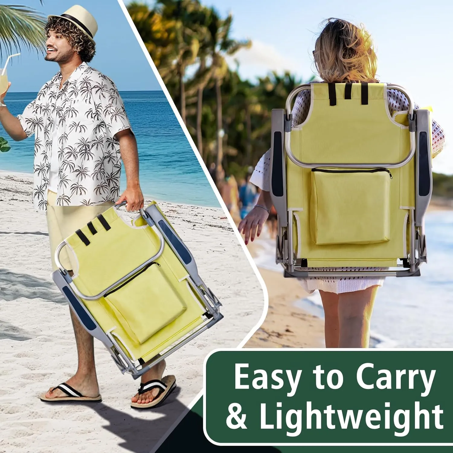 Low Beach Chairs for Adults, 5-Position Reclining Backpack Beach Chair with Cooler & Storage Pouch, Portable Lightweight Folding Beach Chair with Aluminum Frame & Cup Holder, Supports 220lbs, Yellow