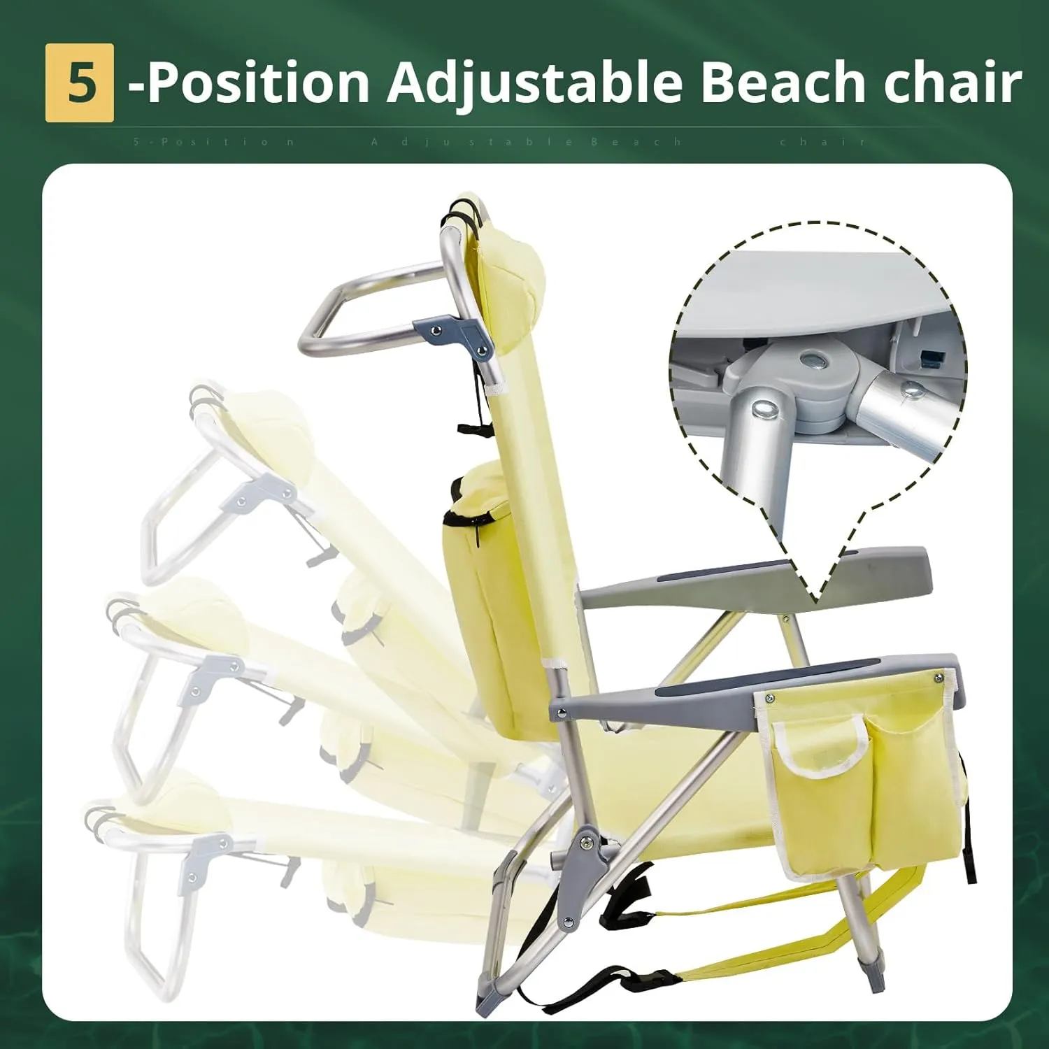 Low Beach Chairs for Adults, 5-Position Reclining Backpack Beach Chair with Cooler & Storage Pouch, Portable Lightweight Folding Beach Chair with Aluminum Frame & Cup Holder, Supports 220lbs, Yellow