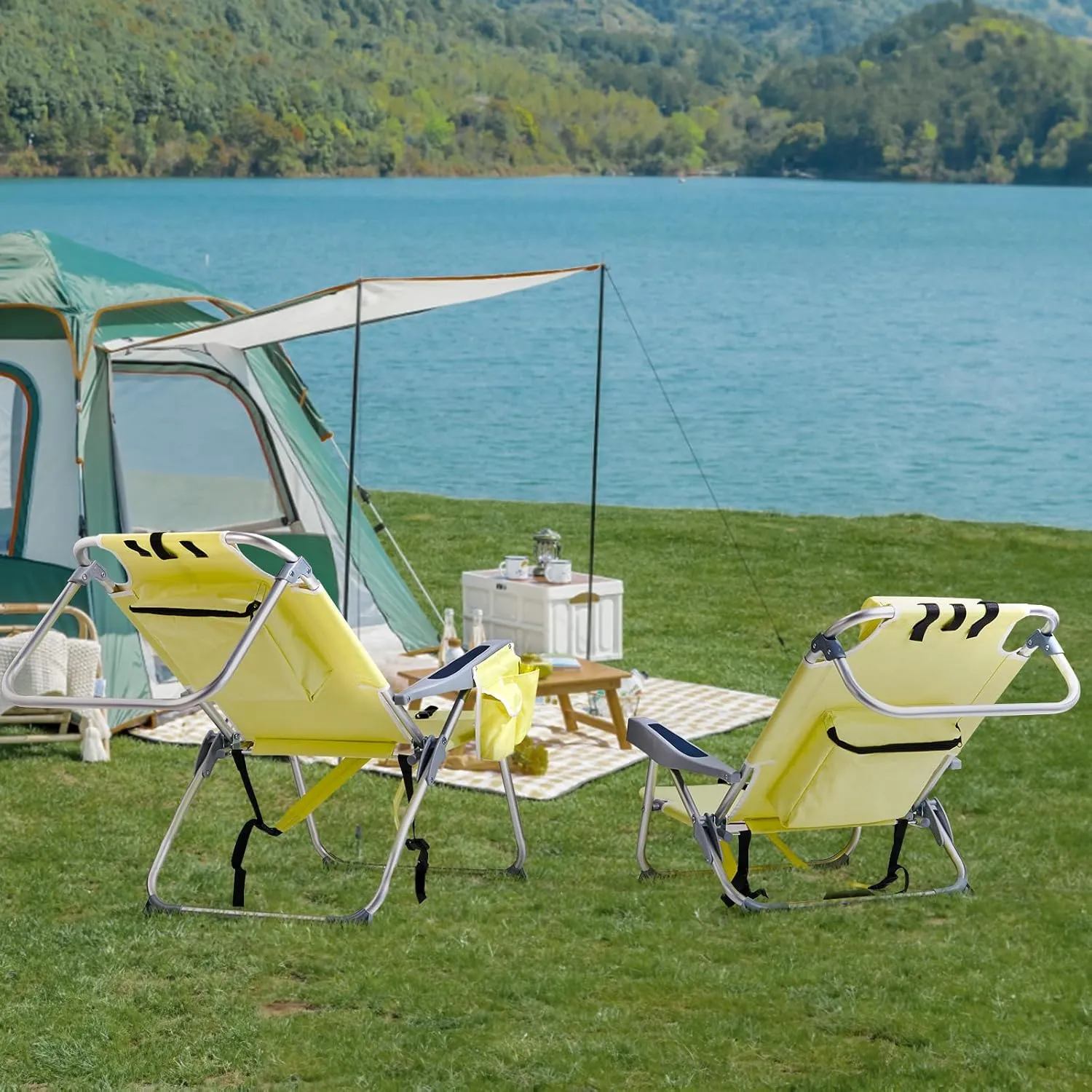 Low Beach Chairs for Adults, 5-Position Reclining Backpack Beach Chair with Cooler & Storage Pouch, Portable Lightweight Folding Beach Chair with Aluminum Frame & Cup Holder, Supports 220lbs, Yellow
