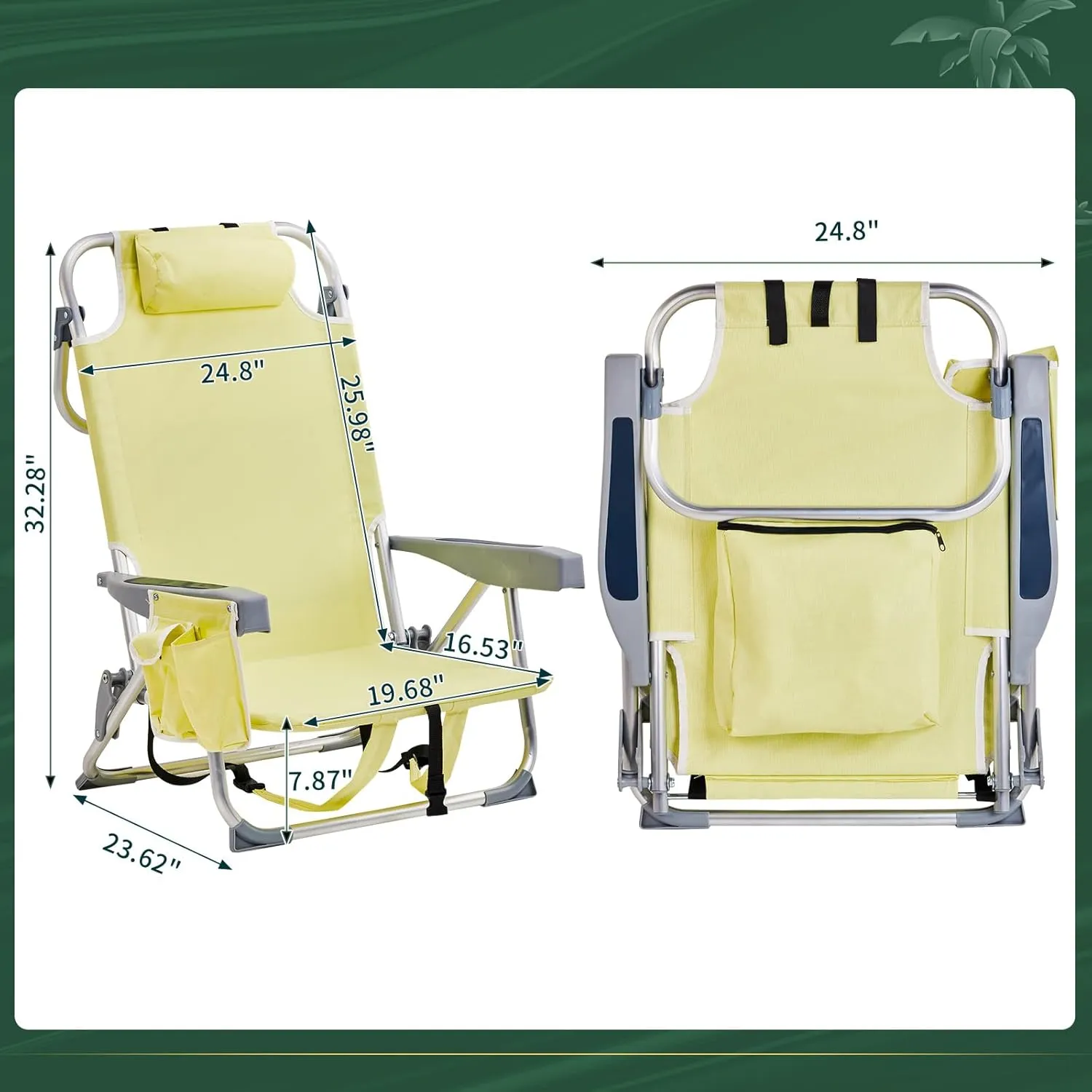 Low Beach Chairs for Adults, 5-Position Reclining Backpack Beach Chair with Cooler & Storage Pouch, Portable Lightweight Folding Beach Chair with Aluminum Frame & Cup Holder, Supports 220lbs, Yellow