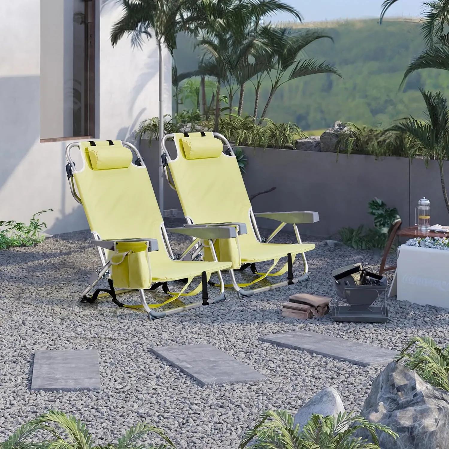Low Beach Chairs for Adults, 5-Position Reclining Backpack Beach Chair with Cooler & Storage Pouch, Portable Lightweight Folding Beach Chair with Aluminum Frame & Cup Holder, Supports 220lbs, Yellow