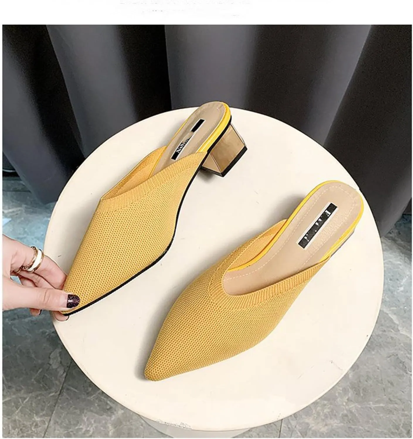 Low Block Heel Mules for Women Pointed Toe Mesh Mule Dress Shoes Comfortable Slip On Ballet Flat Sandals