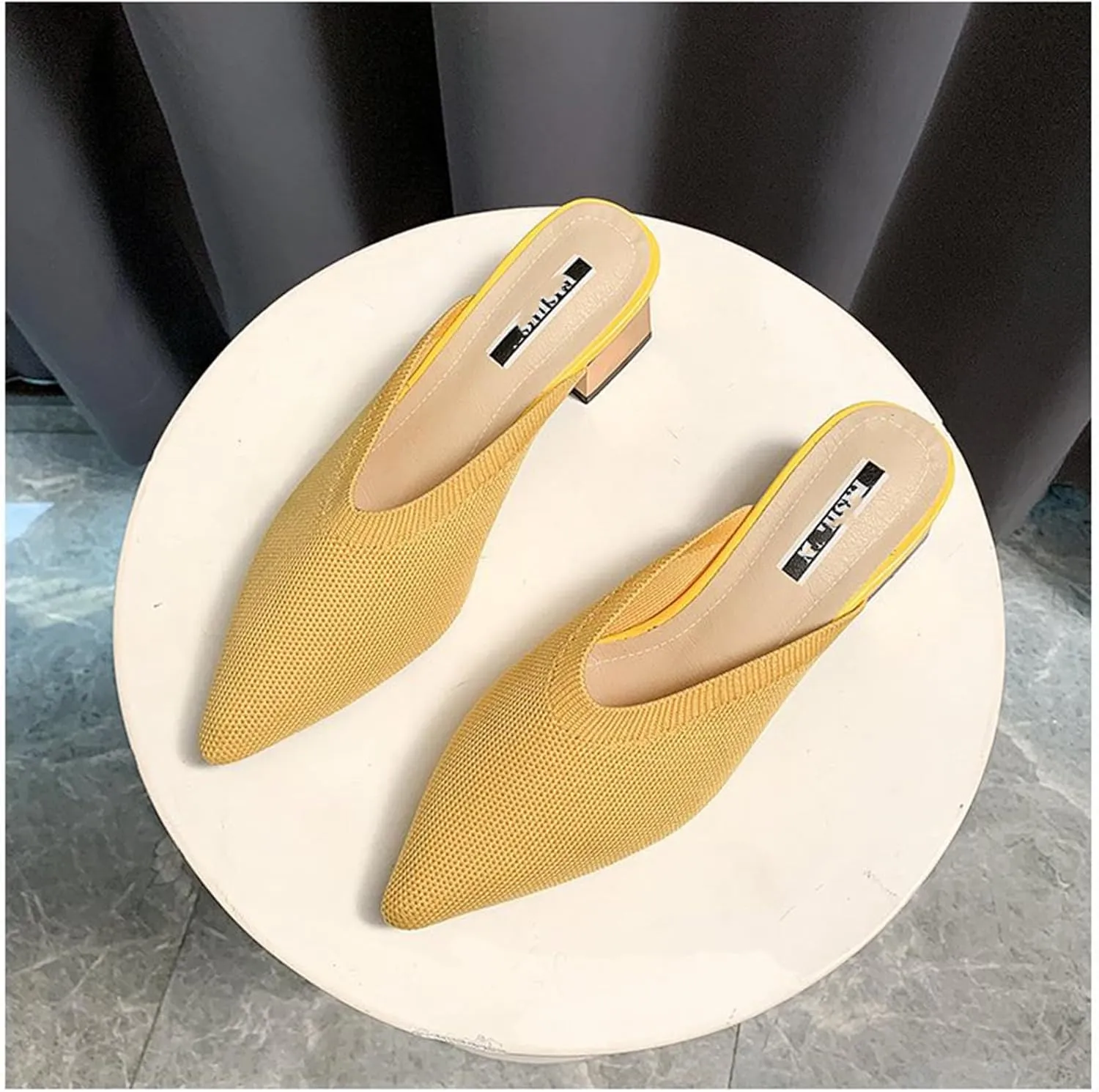 Low Block Heel Mules for Women Pointed Toe Mesh Mule Dress Shoes Comfortable Slip On Ballet Flat Sandals