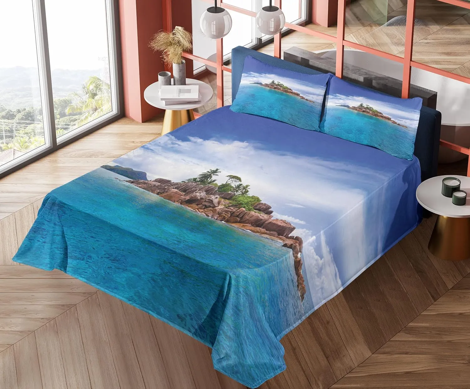 Lunarable Island Sheet Set, Island at Seychelles Coconut Journey Jungle Rocky Coast Waves Surface Print, Fitted and Flat Sheet with Pillowcase Bedding Accent 3 Piece Set, Twin, Blue Caramel Green