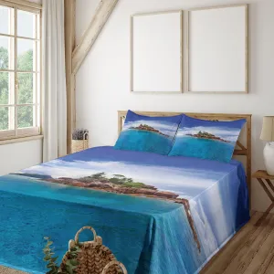Lunarable Island Sheet Set, Island at Seychelles Coconut Journey Jungle Rocky Coast Waves Surface Print, Fitted and Flat Sheet with Pillowcase Bedding Accent 3 Piece Set, Twin, Blue Caramel Green