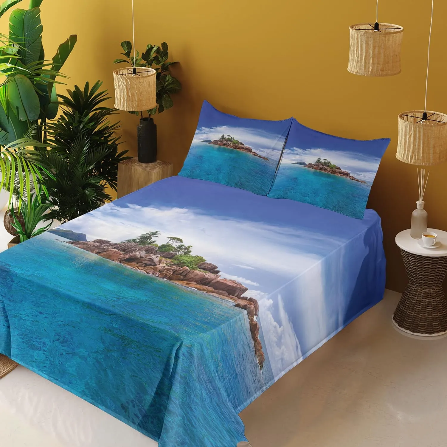 Lunarable Island Sheet Set, Island at Seychelles Coconut Journey Jungle Rocky Coast Waves Surface Print, Fitted and Flat Sheet with Pillowcase Bedding Accent 3 Piece Set, Twin, Blue Caramel Green