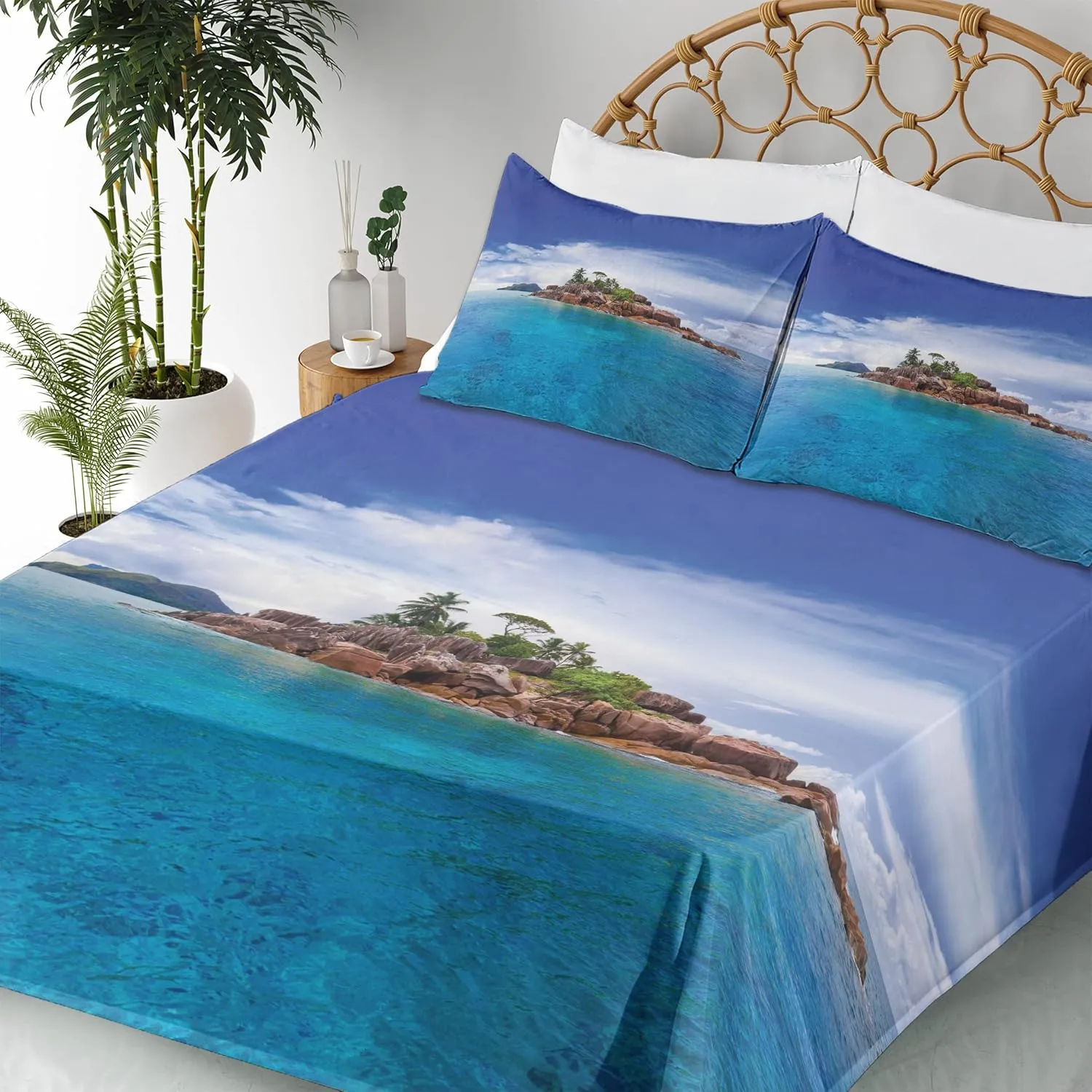 Lunarable Island Sheet Set, Island at Seychelles Coconut Journey Jungle Rocky Coast Waves Surface Print, Fitted and Flat Sheet with Pillowcase Bedding Accent 3 Piece Set, Twin, Blue Caramel Green