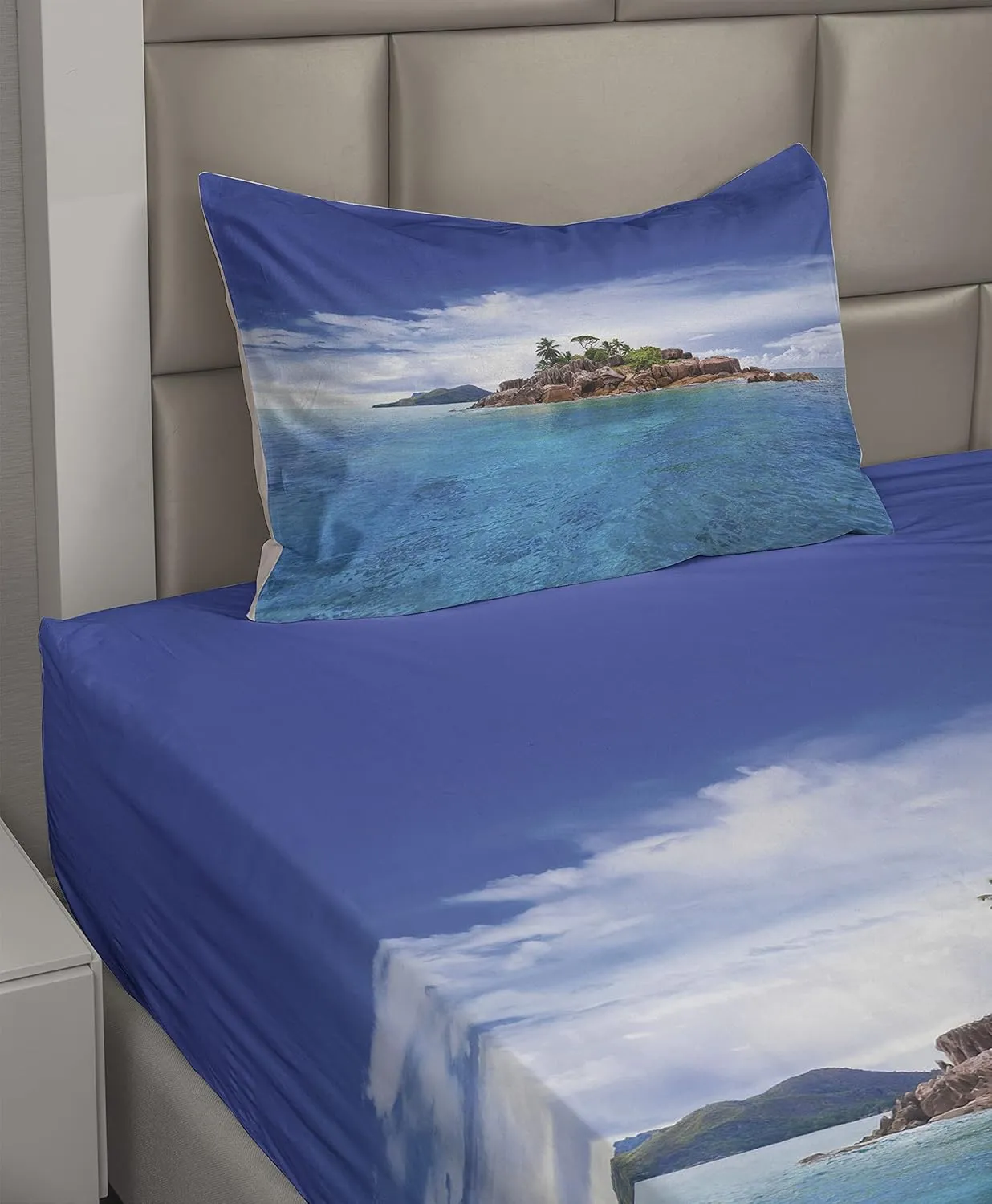Lunarable Island Sheet Set, Island at Seychelles Coconut Journey Jungle Rocky Coast Waves Surface Print, Fitted and Flat Sheet with Pillowcase Bedding Accent 3 Piece Set, Twin, Blue Caramel Green