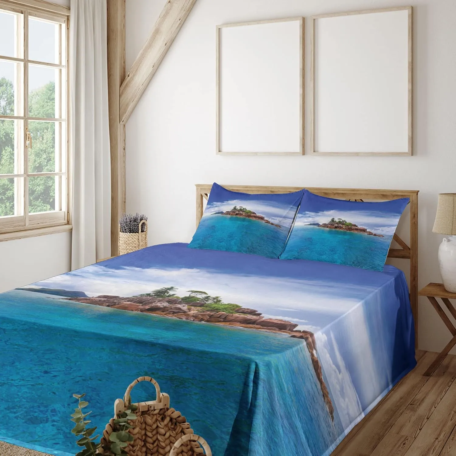 Lunarable Island Sheet Set, Island at Seychelles Coconut Journey Jungle Rocky Coast Waves Surface Print, Fitted and Flat Sheet with Pillowcase Bedding Accent 3 Piece Set, Twin, Blue Caramel Green
