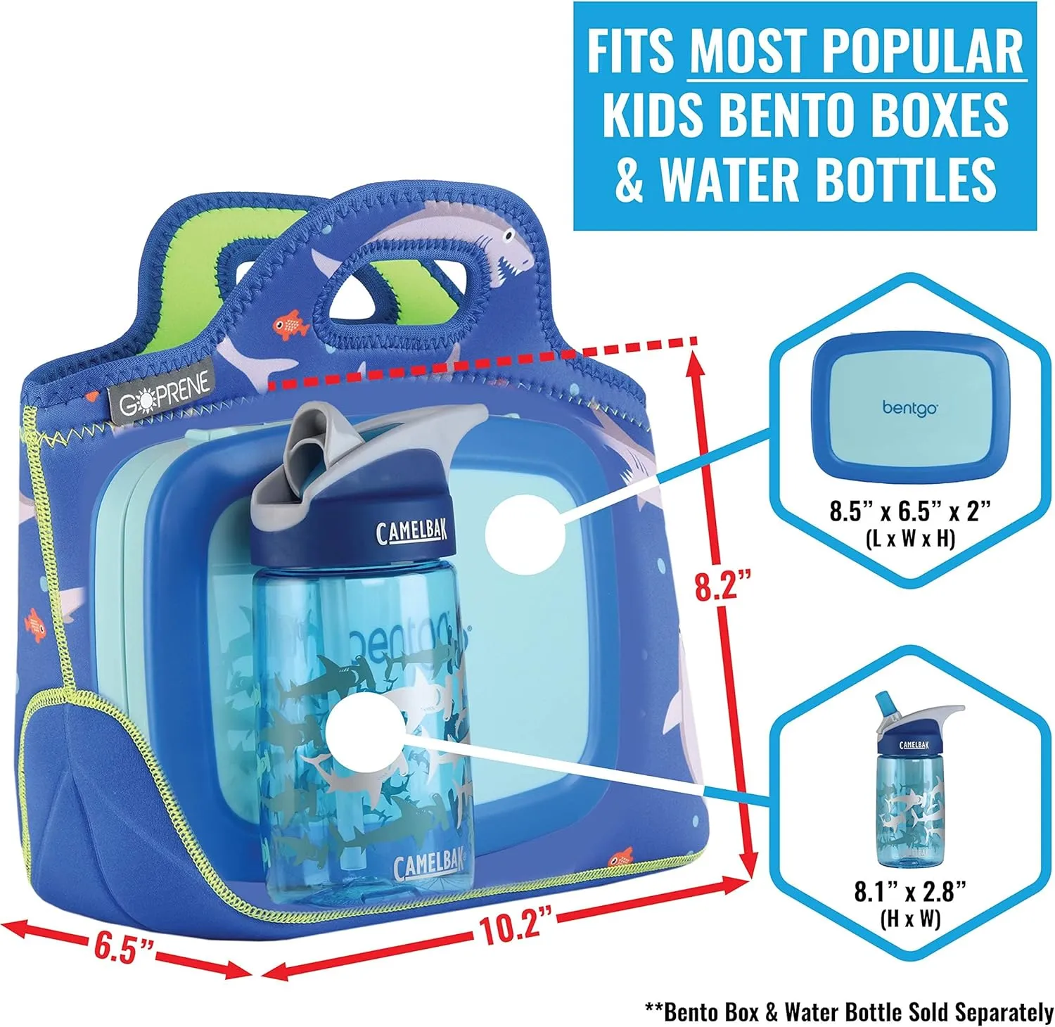 Lunch Bag For Boys, Fits A Kids Lunch Box, Insulated Neoprene Bag, Blue Shark, Bento Box and Thermos Fit Easily, Keeps Food Cold 4 Hours, Perfect For Your Son, Child, or Toddler at School