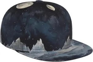 Men's Baseball Cap Mountain Moon Stars Marble Starry Night Sky Nature Flat Brim Adjustable Snapback Trucker Hat, Dad Hat, Casual Sport Outdoor Sun Hat