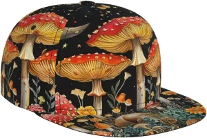 Men's Baseball Cap Mushroom Butterfly Snail Moon Star Starry Night Plant Flat Brim Adjustable Snapback Trucker Hat, Dad Hat, Casual Sport Outdoor Sun Hat Black