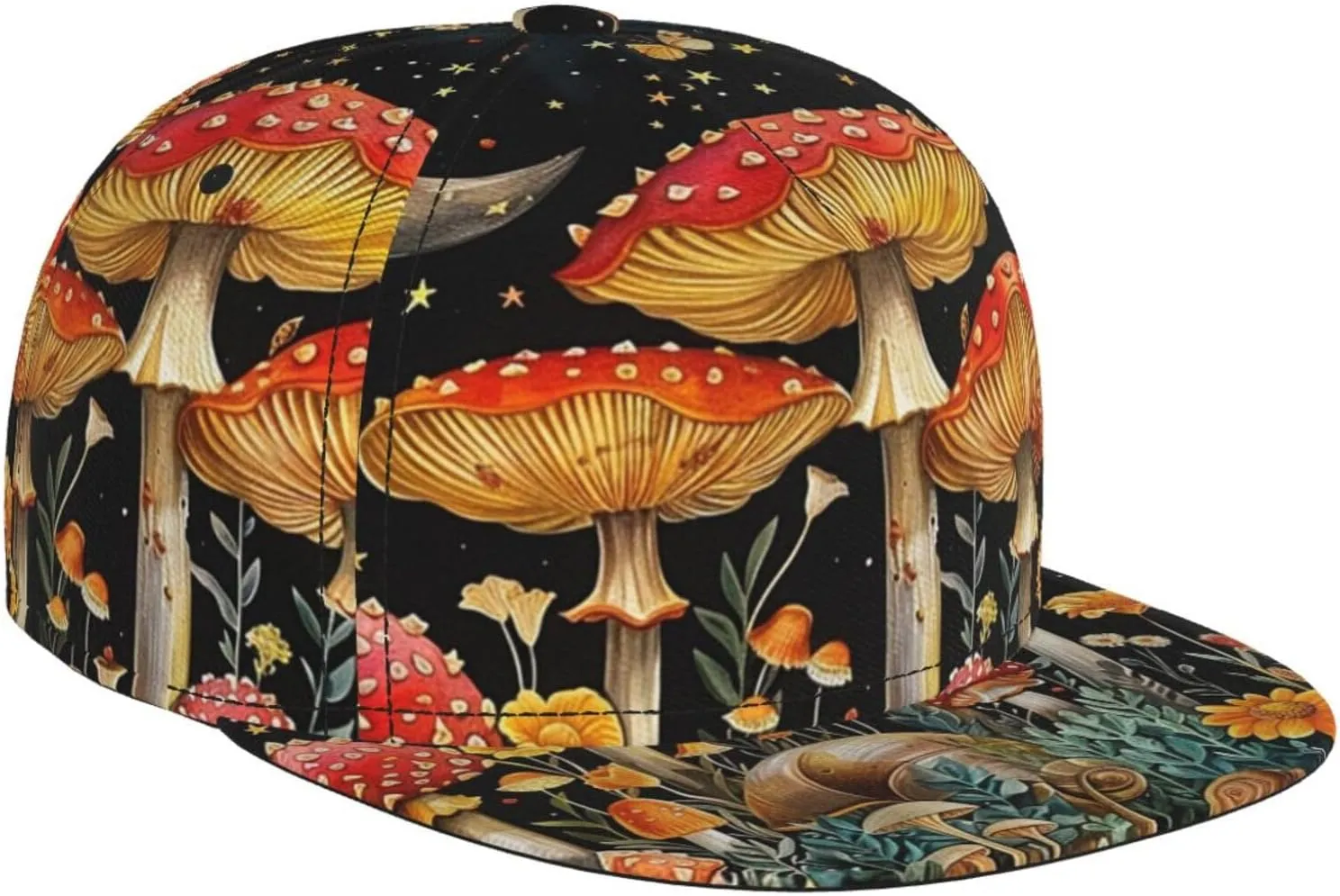 Men's Baseball Cap Mushroom Butterfly Snail Moon Star Starry Night Plant Flat Brim Adjustable Snapback Trucker Hat, Dad Hat, Casual Sport Outdoor Sun Hat Black